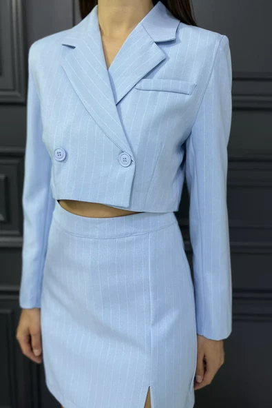 Bebemavisi Çizgili Crop Top Ceket Şort Etek İkili Takım - 4