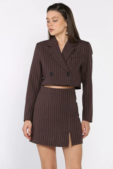 Kahve Çizgili Crop Top Ceket Şort Etek İkili Takım - 2