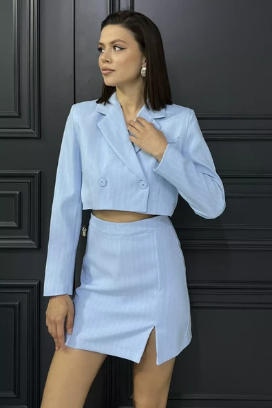 Bebemavisi Çizgili Crop Top Ceket Şort Etek İkili Takım - 2