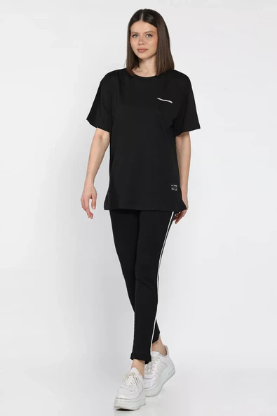 Siyah Kadın Bisiklet Yaka Tişört Tayt İkili Takım (m-l-xl Uyumludur) - 2