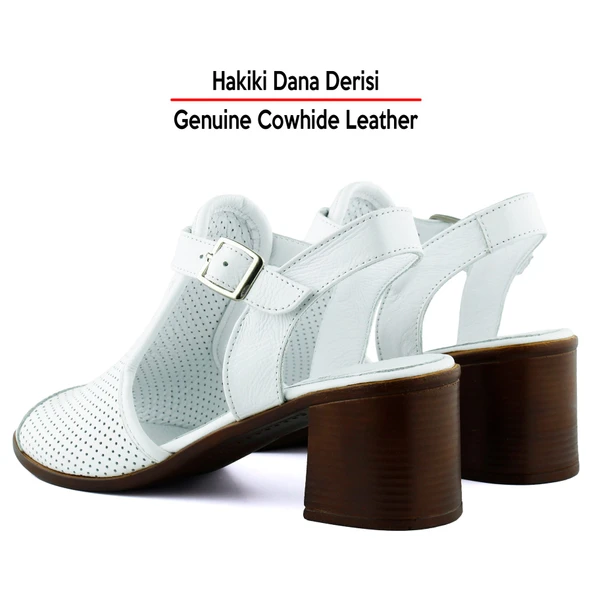 Erkan Saçmacı Elena Beyaz Hakiki Dana Derisi Delik Detaylı Kalın Topuklu Rahat Günlük Sandalet - 5