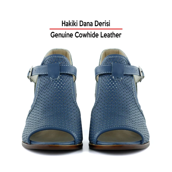 Erkan Saçmacı Elena Mavi Hakiki Dana Derisi Delik Detaylı Kalın Topuklu Rahat Günlük Sandalet - 4