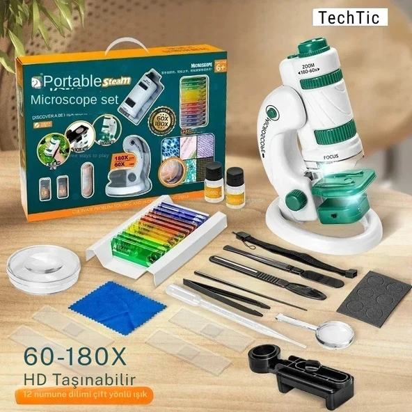 TechTic Dijital Mikroskop Seti 60-180x Büyütme El Mini Eğitici Çocuk Mikroskobu 21 Parça Eğitici Set ürün görseli 1