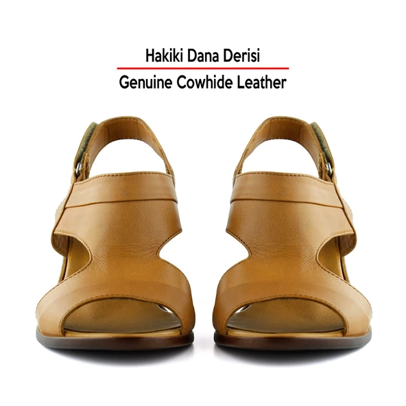 Erkan Saçmacı Kanne Taba Hakiki Dana Derisi Cırt Bantlı Kalın Topuklu Rahat Günlük Sandalet - 4