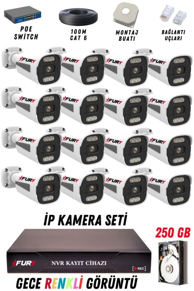 FURY 16 Kameralı Ip Güvenlik Kamerası Seti 4mp Gece Renkli Su Geçirmez 1506 250GB - Resim 2