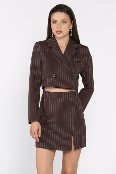 Kahve Çizgili Crop Top Ceket Şort Etek İkili Takım - 1