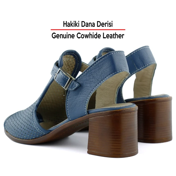 Erkan Saçmacı Elena Mavi Hakiki Dana Derisi Delik Detaylı Kalın Topuklu Rahat Günlük Sandalet - 5