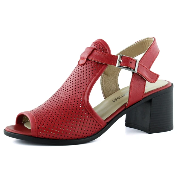 Erkan Saçmacı Elena Kırmızı Hakiki Dana Derisi Delik Detaylı Kalın Topuklu Rahat Günlük Sandalet
