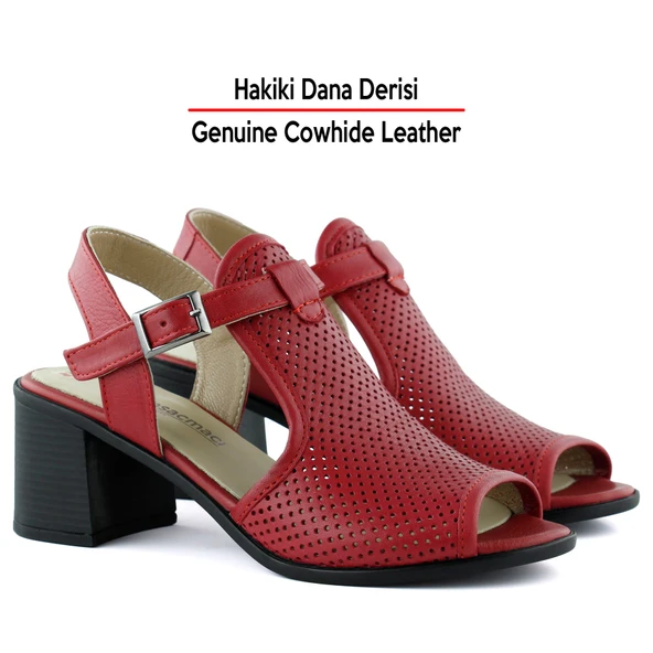 Erkan Saçmacı Elena Kırmızı Hakiki Dana Derisi Delik Detaylı Kalın Topuklu Rahat Günlük Sandalet - 3
