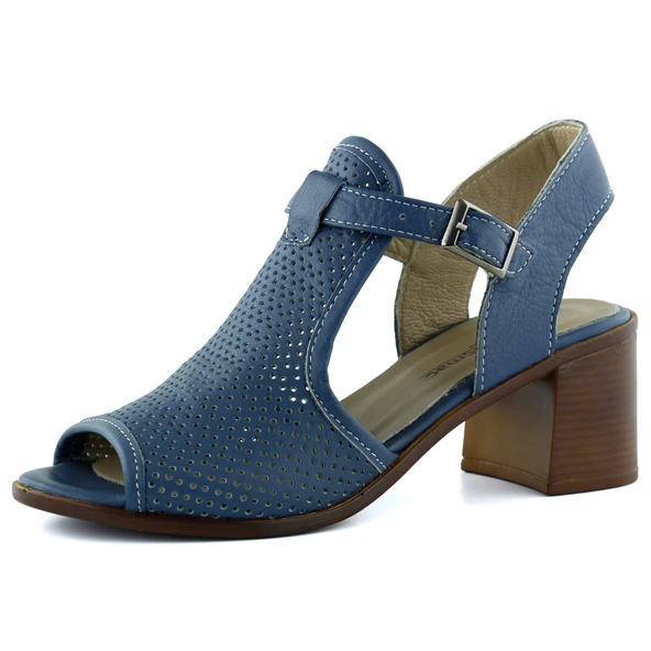 Erkan Saçmacı Elena Mavi Hakiki Dana Derisi Delik Detaylı Kalın Topuklu Rahat Günlük Sandalet