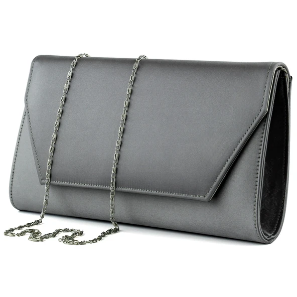 Erkan Saçmacı Antrasit Saten Zincir Askılı Manyetik Kapaklı İç Cepli Zarif Abiye El Çantası