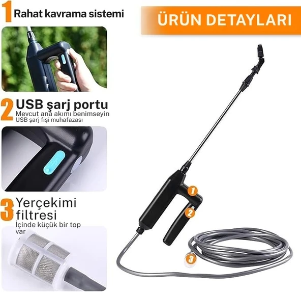 TechTic Elektrikli Yüksek Basınçlı Su Tabancası Bahçe Püskürtücü 5M Hortum 3 Nozul Araç Yıkama 7.4v - Resim 7