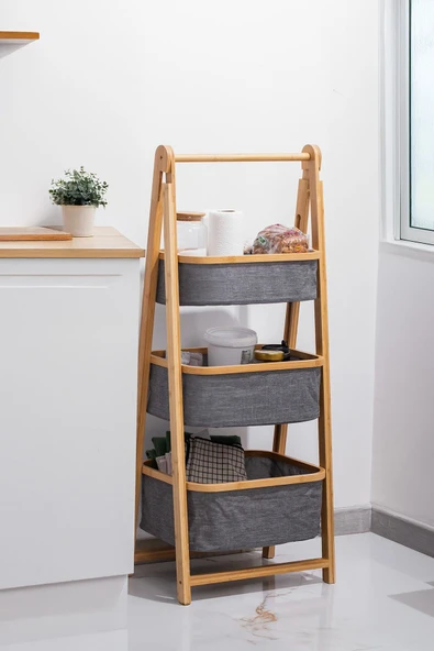 Porsima 3 Katlı Çekmeceli Dolap Ahşap Bambu Ayaklı Org. Oyuncak Sepeti Banyo Mutfak Düzenleyicisi