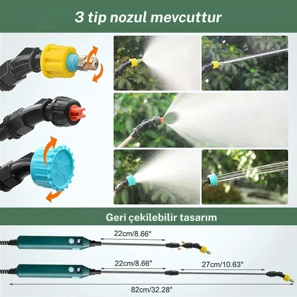TechTic Yüksek Basınçlı Taşınabilir Elektrikli Bahçe Püskürtücü 3 Nozullu 2400mAh Bahçe Sulama Aracı - 7