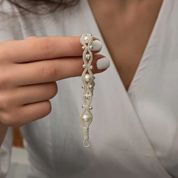 Alsepeteavm Gümüş İnci Kazaziye Örgü Bileklik - 6