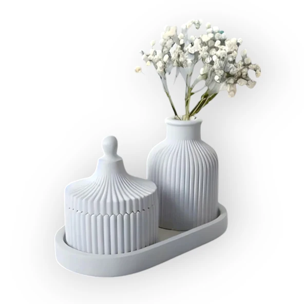 Dekoratif Vazo ve kokulu Mum Seti Beyaz Sunumluklu - Resim 2