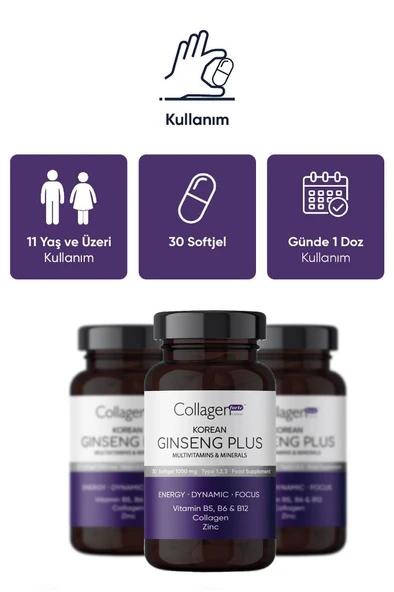 Collagen Forte Platinum Kırmızı Kore Ginseng Plus, Hidrolize Kolajen, Vitamin B5-b6-b12 & Çinko, Softgel 1000mg - 4