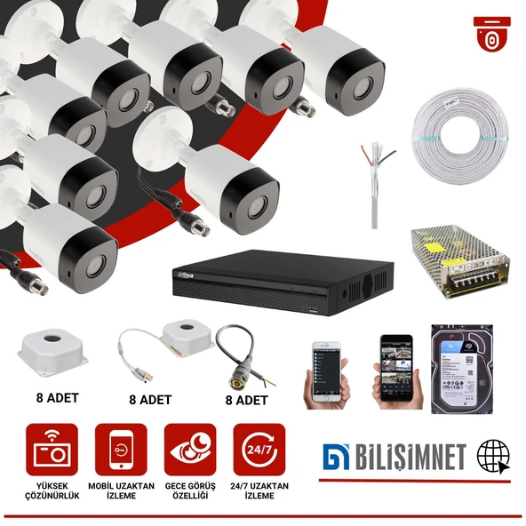 DAHUA 8 KAMERA AHD FULL HD GÜVENLİK KAMERASI GÜVENLİK SİSTEMİ FULL TAKIM SET 1 TB HDD - 1