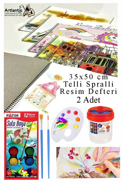 12 Renk Fatih Sulu Boya 35x50 cm Telli Spralli Resim Defteri Resim Paleti Resim Fırçası Temizleme Kabı Suluboya Okul