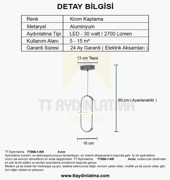 TT006-1-KR TT Aydınlatma Minyon Modeli Tekli Krom Kaplama Led Avize - 4