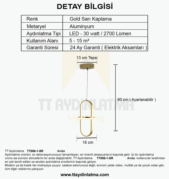 TT006-1-SR TT Aydınlatma Minyon Modeli Tekli Sarı Kaplama Led Avize - Resim 4