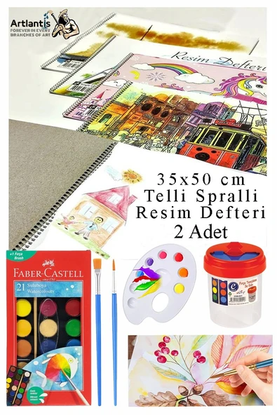 21 Renk Sulu Boya 35x50 cm Telli Spralli Resim Defteri Resim Paleti Resim Fırçası Temizleme Kabı Suluboya Okul Öğrenci ürün görseli