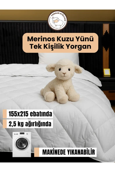 Tek Kişilik Yün Yorgan 155x215 Cm - %100 Kuzu Yünü, 2.5 Kg, Nefes Alır, Terletmez, 4 Mevsim Konfor