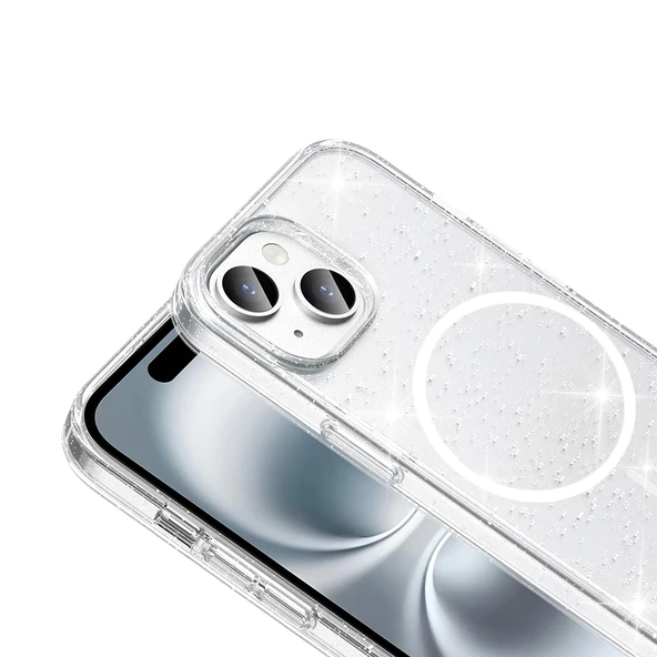 Apple iPhone 15 Kılıf M-safe Şarj Özellikli Parlayan Simli Saydam Renkli Zore Maris Kapak - 3