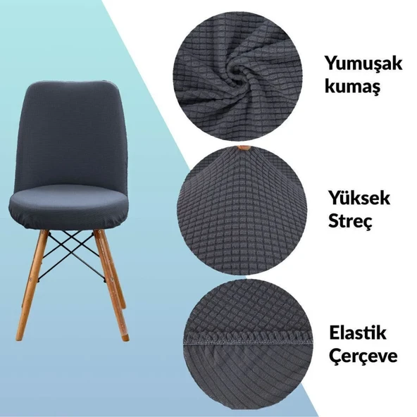 Mucit Home  ,Oval Sandalye Kılıfı .Bambu Kareli Kumaş Esnek Lastikli Antrasit -6 adet - 3