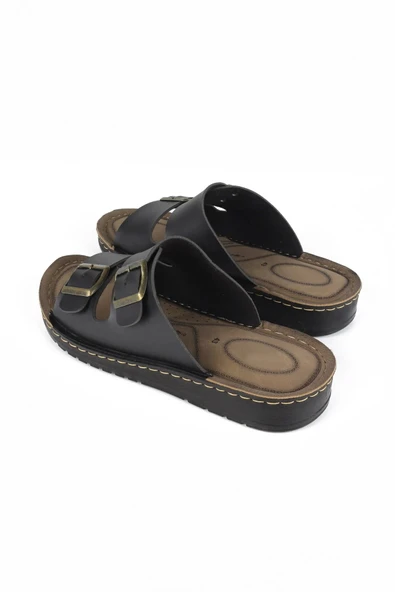 Lugmo Suni Deri Eva Terlik Dikişli Metal Çift Tokalı Erkek Konfort Hafif Kaymaz Siyah - Resim 4