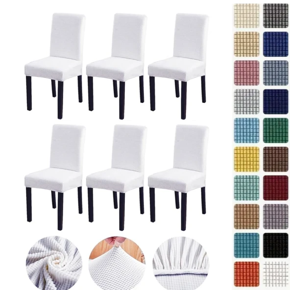 Mucit Home  Bambu Kareli Kumaş Esnek Lastikli Sandalye Kılıfı Örtüsü Likralı   sandelye kılıf  Beyaz 6 Adet