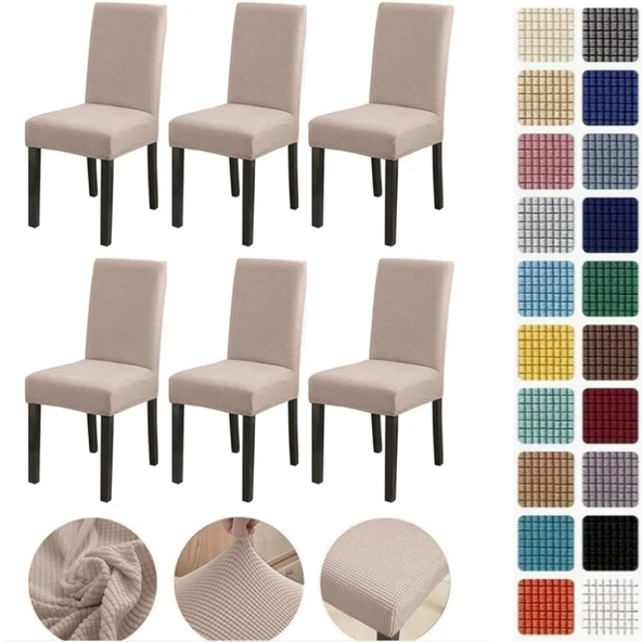 Mucit Home  Bambu Kareli Kumaş Esnek Lastikli Sandalye Kılıfı Örtüsü Likralı   sandelye kılıf  Taş  6 Adet
