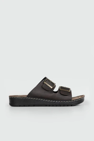 Lugmo Suni Deri Eva Terlik Dikişli Metal Çift Tokalı Erkek Konfort Hafif Kaymaz Taban Kahverengi - Resim 4