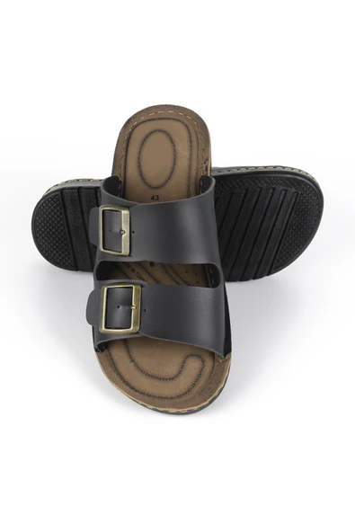 Lugmo Suni Deri Eva Terlik Dikişli Metal Çift Tokalı Erkek Konfort Hafif Kaymaz Siyah - Resim 8