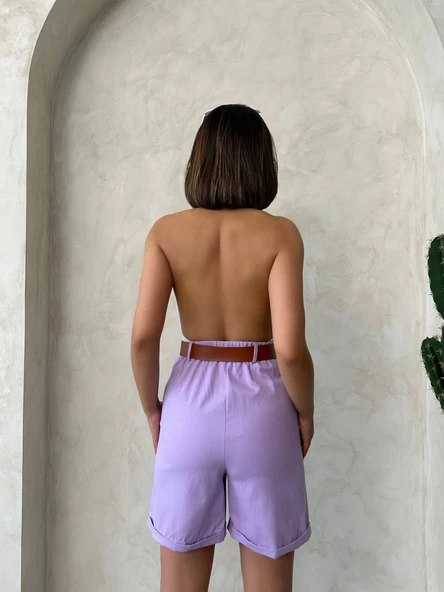 Kemerli gabardin şort lila s25735 - Resim 3
