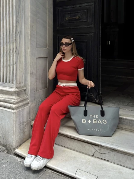 Crop pantolon biyeli takım kırmızı - Resim 2