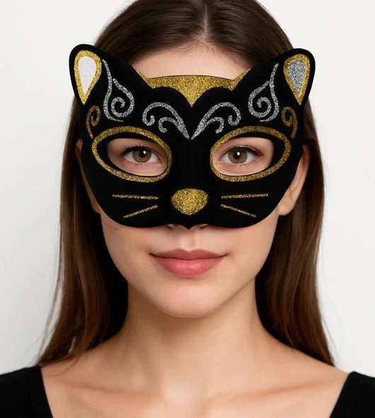 Nessiworld Kadife Dokulu Sim Detaylı Işıltılı Kedi Maskesi Altın Gümüş 20x13 cm ürün görseli 1