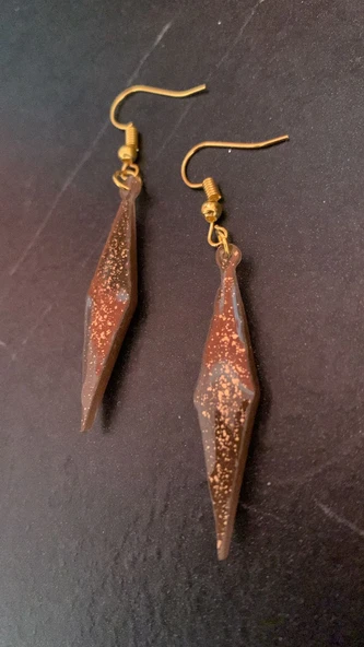 Kahverengi Gold Renkli Büyük Karo Şekil Gold Aksesuar Sallantılı Epoksi Küpe Hediyelik - 6