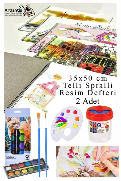 12 Renk Brons Sulu Boya 35x50 cm Telli Spralli Resim Defteri Resim Paleti Resim Fırçası Temizleme Kabı Suluboya Okul