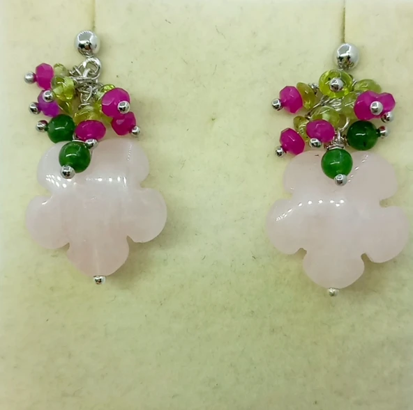 2150 Pembe kuvars el oyması küpe - 5