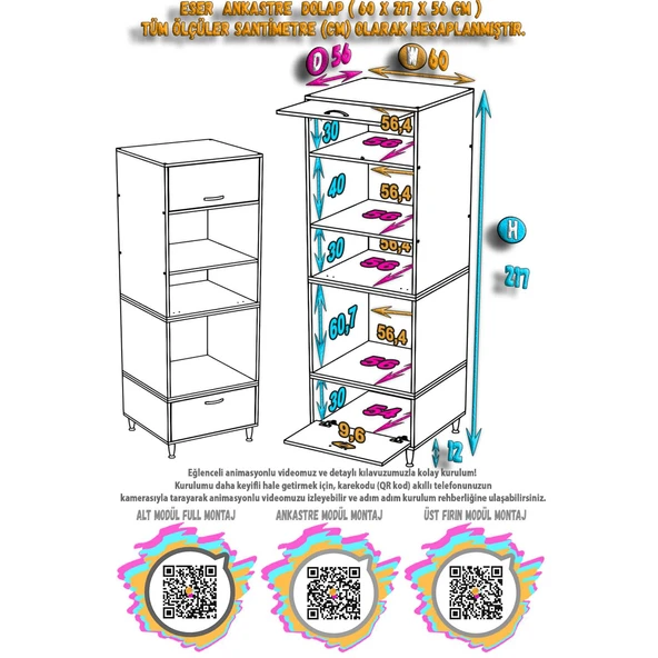 Modilayn ESER (60x217x56 cm) Boyutunda Ankastre 2 Kapaklı Mini/Midi Mikrodalga Fırın Dolabı - Resim 8