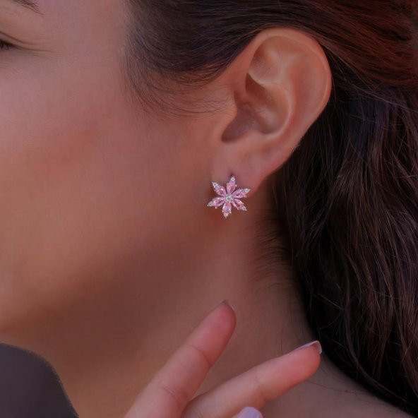 Lotus Çiçeği Tasarımlı Pembe Zirkon Taşlı 925 Ayar Gümüş Küpe - 2