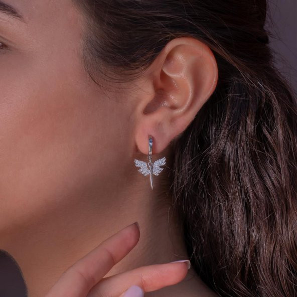 Melek Tasarımlı Beyaz Zirkon Taşlı Sallantılı Gümüş Küpe - Resim 2