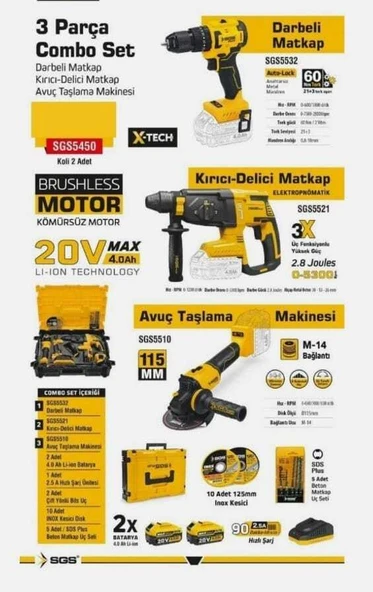 SGS X-Tech Combo Set Çift Akülü Darbeli Matkap, Şarjlı Vidalama Kırıcı Delici , Şarjlı Avuç Taşlama ,15 parça Aksesuar - 3