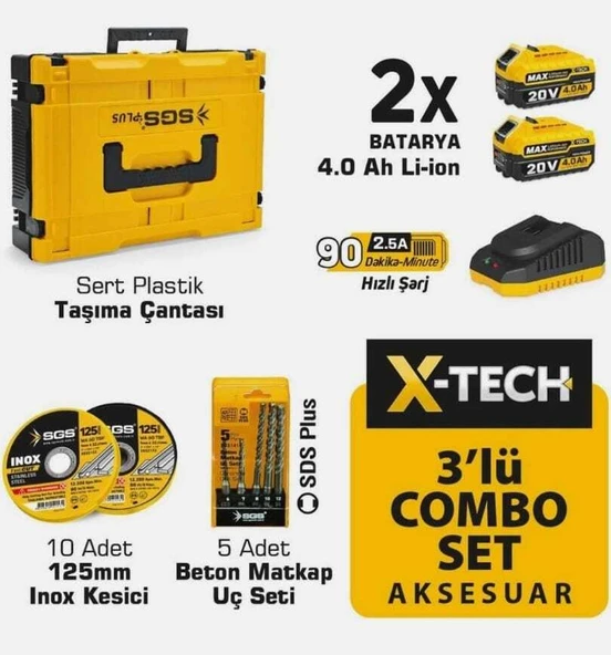 SGS X-Tech Combo Set Çift Akülü Darbeli Matkap, Şarjlı Vidalama Kırıcı Delici , Şarjlı Avuç Taşlama ,15 parça Aksesuar - 2