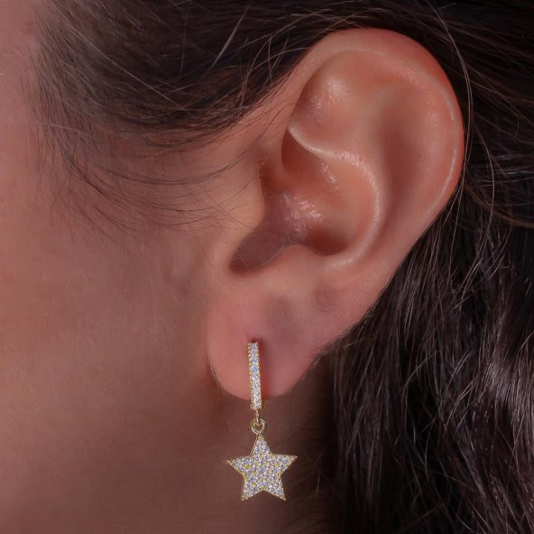 Yıldız Tasarımlı Altın Kaplama Sallantılı 925 Ayar Gümüş Küpe ürün görseli 1