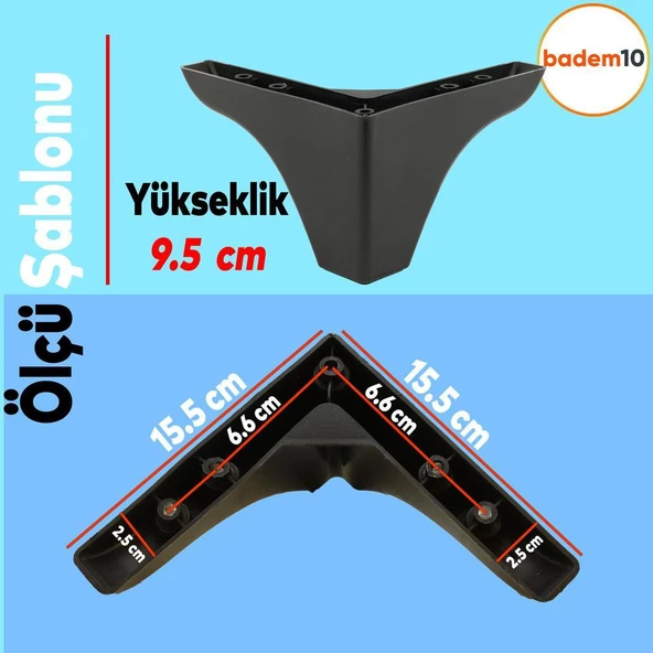 Bellona Mobilya Kanepe Sehpa Çekyat Tv Ünitesi Koltuk Ayağı 9.5 Cm Siyah Baza Ayakları (4 ADET) - 2