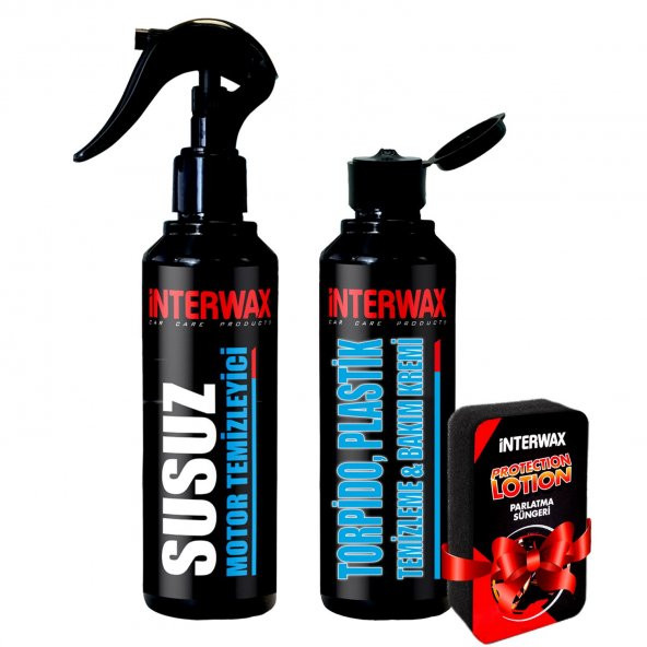 INTERWAX 2Lİ OTO BAKIM ve TEMİZLİK SETİ SUSUZ MOTOR TEMİZLEYİCİ + TORPİDO PARLATICI KREM + SÜNGER