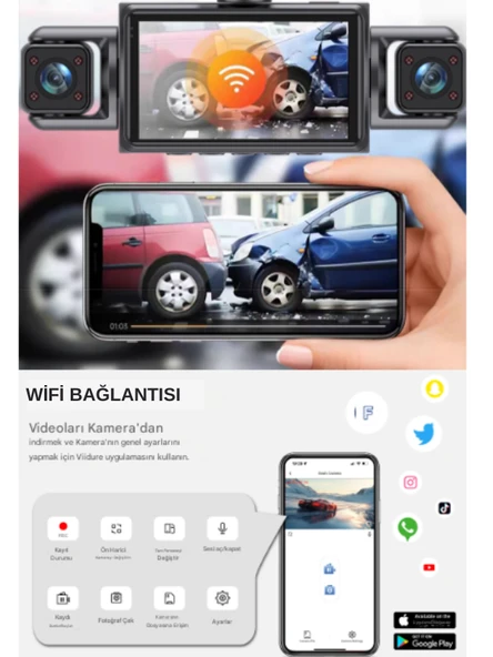 CC-40 WiFi Full HD 4 Kameralı Araç İçi Güvenlik Kamerası | Ön, Arka, İç Kayıt | 64GB Uyumlu | Gece Görüşlü - 7