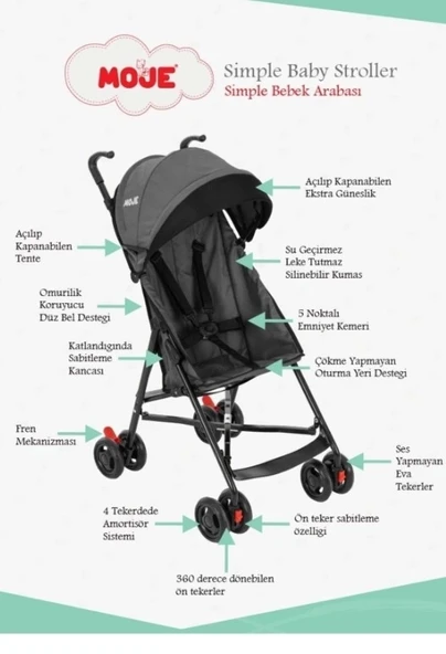 Moje Simple Pratik Baston Bebek Arabası Gri - 3